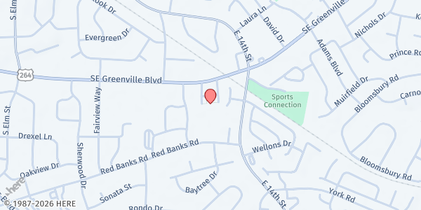 Map showing The Memorial Baptist Church at 1510 Greenville Boulevard Southeast, Greenville, NC