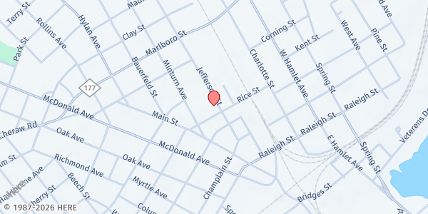 Map showing First Presbyterian Church at 200 Rice St., Hamlet, NC