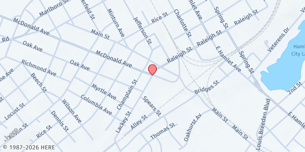 Map showing Prayer and Faith Temple Church at 217 Thomas St., Hamlet, NC