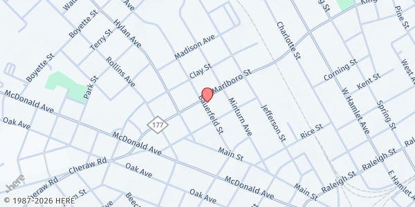 Map showing St. Pauls Lutheran at 311 Marlboro St., Hamlet, NC