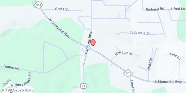 Map showing Matthew 25 Ministries at 105 East Memorial Highway, Harmony, NC