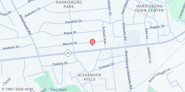 Map showing Crisis Ministry, Harrisburg, United Methodist Church at 4560 State Highway 49, Harrisburg, NC