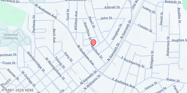 Map showing Cotton Memorial Presbyterian Church Food Pantry at 511 North Chestnut Street, Henderson, NC