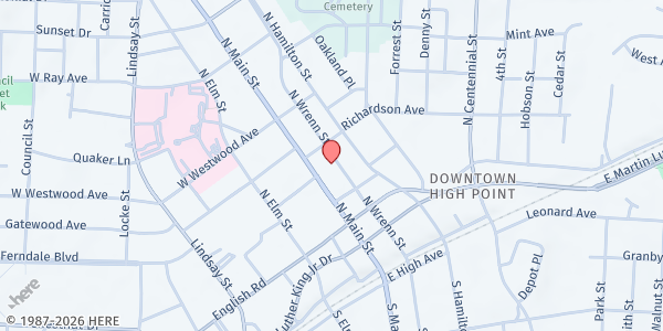 Map showing A Shared Blessing Food Pantry - First UMC - HPT at 335 N Wrenn St., High Point, NC