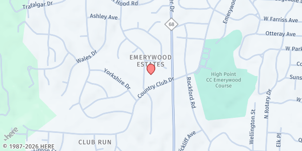 Map showing Emerywood Baptist Church at 1300 Country Club Dr., High Point, NC