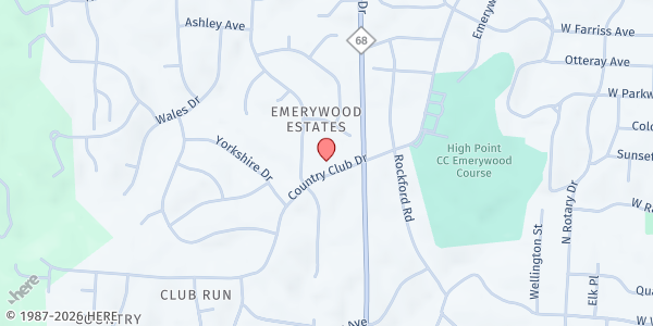 Map showing Emerywood Baptist Church Pantry at 1300 Country Club Dr, High Point, NC