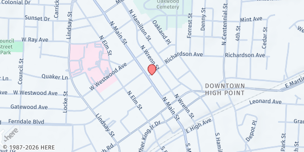 Map showing First United Methodist Church A Shared Blessing Food Pantry at 512 North Main Street, High Point, NC