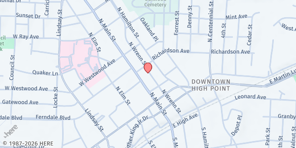 Map showing First United Methodist Church of High Point at 512 N. Main St., High Point, NC