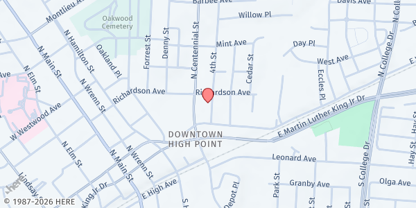 Map showing New Beginnings Full Gospel Ministry at 215 Fourth St, High Point, NC