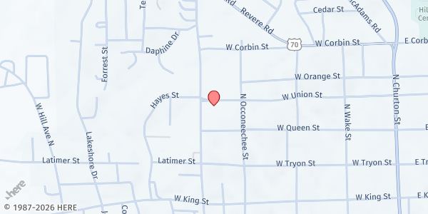 Map showing Mebane's Chapel United Holy at 421 Union St., Hillsborough, NC