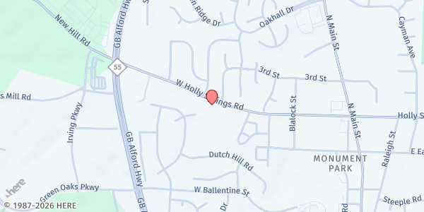 Map showing Holly Springs Food Cupboard at 621 West Holly Springs Road, Holly Springs, NC