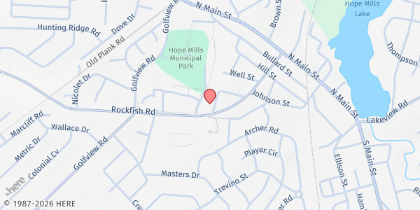 Map showing Agape Christian Worship CTR- Hope Mills at 5764 Hilltop St., Hope Mills, NC