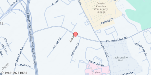 Map showing Iglesia de Dios Pentecostal at 1042 Country Club Rd., Jacksonville, NC