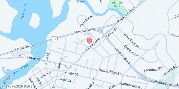 Map showing Infant of Prague Church at 205 Chaney Avenue, Jacksonville, NC