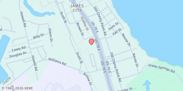 Map showing Undenominational Pentecostal at 801 U.S. 70 E., James City, NC