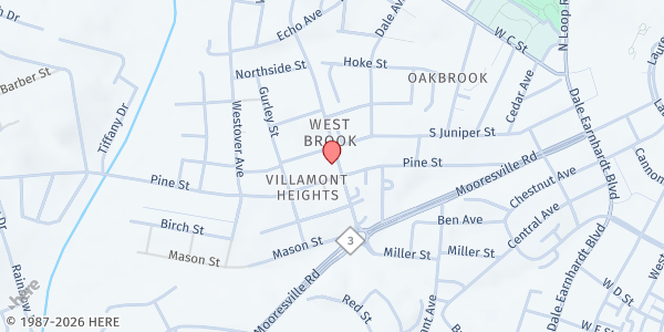 Map showing CCM - Kannapolis Food Pantry at West Point Baptist Church at 1100 Pine Street, Kannapolis, NC