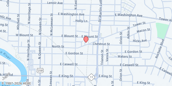 Map showing Apostolic Deliverance Church of Christ at 422 E. North St., Kinston, NC