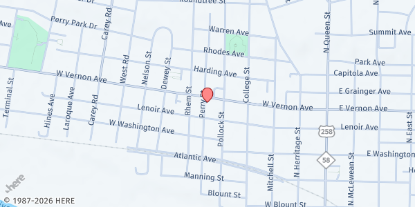 Map showing Bible Church of Christ - Kinston at 512 West Vernon Avenue, Kinston, NC