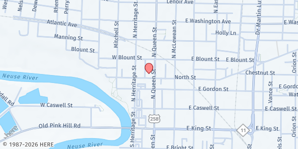 Map showing Greater Victory Apostolic Church at Highway 258 and Allen Road, Kinston, NC