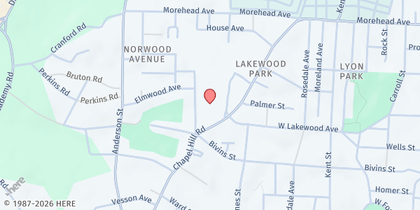 Map showing Catholic Charities – Durham Community Food Pantry at 2020 Chapel Hill Road, Lakewood Park, NC