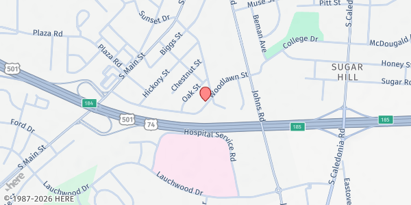 Map showing Agape Buchanan Featherstone Memorial Tabernacle at 1505 Woodlawn St., Laurinburg, NC