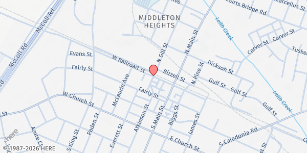 Map showing Church Community Services at 108 Gill St., Laurinburg, NC