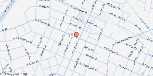Map showing First UMC of Laurinburg at 101 W. Church St., Laurinburg, NC