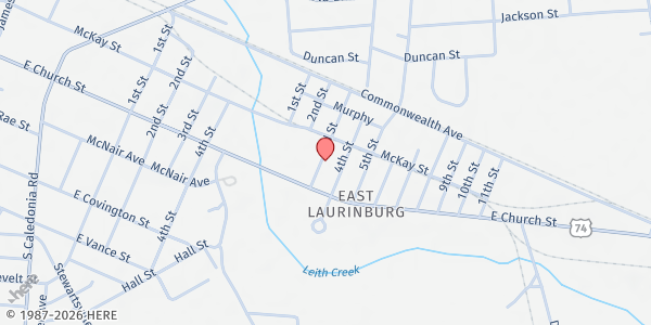 Map showing Rockingham District Partnership in Ministry - Food Pantry at 12 3rd Street, Laurinburg, NC