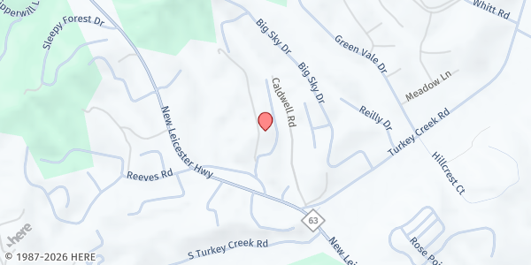 Map showing Leicester Baptist Church at 18 Tony Lunsford Dr., Leicester, NC