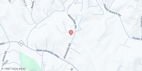 Map showing Leicester Library at 1561 Alexander Rd, Leicester, NC