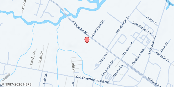 Map showing First Baptist Church of Leland at 517 Village Rd., Leland, NC