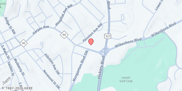 Map showing Caldwell Co. Yokefellow Inc. Food Pantry at 202 Harper Ave., Lenoir, NC