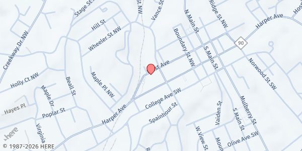 Map showing Caldwell County Yokefellow at 1129 W. Ave., Lenoir, NC