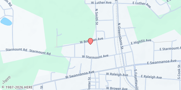 Map showing Liberty Association of Churches at 329 B W. Bowman Ave., Liberty, NC