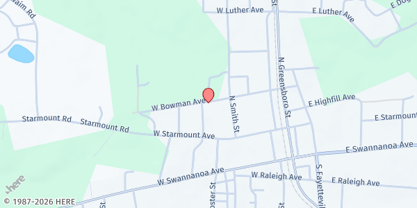 Map showing Liberty Association of Churches at 329 B W. Bowman Ave., Liberty, NC