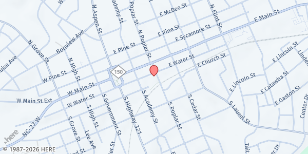 Map showing Christian Ministry of Lincoln County - Soup Kitchen at 230 E. Water Street, Lincolnton, NC