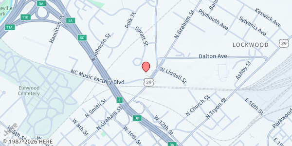 Map showing CAM - Crisis Assistance Ministry of Charlotte at 500a Spratt Street, Lockwood, NC