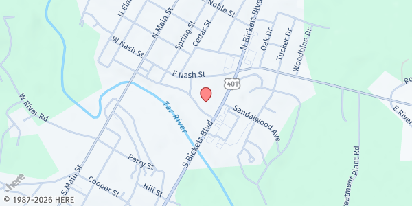 Map showing Franklin County Volunteers in Medicine - Louisburg at 108 Bickett Blvd., Louisburg, NC