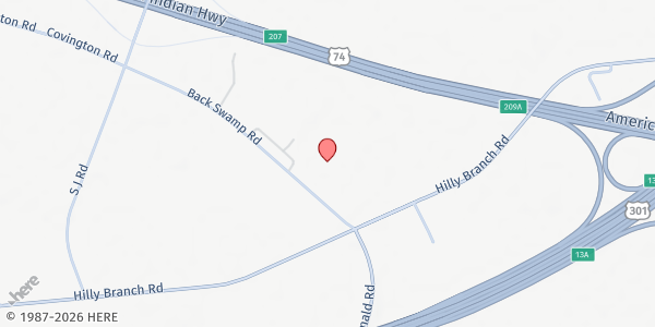 Map showing Hilly Branch Baptist Church at 1841 Back Swamp Rd., Lumberton, NC