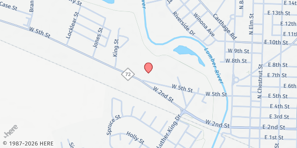 Map showing Robeson Co. Church & Community at 600 W. 5th St., Lumberton, NC