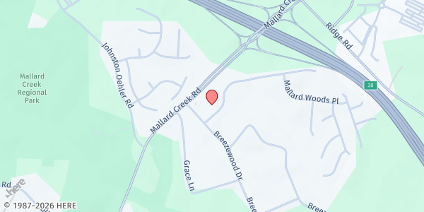 Map showing Mallard Creek Worship Center at 2118 Breezewood Drive, Mallard Creek - Withrow Downs, NC