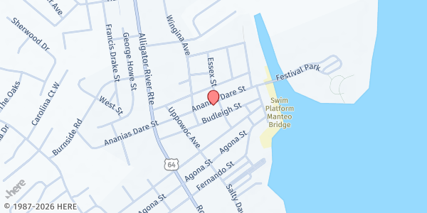 Map showing Mt. Olivet UMC at 300 Ananias Dare St., Manteo, NC