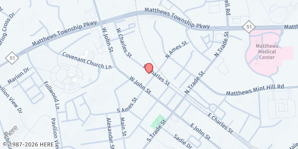 Map showing Matthews Help Center Pantry at 119 North Ames Street, Matthews, NC
