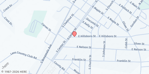 Map showing Alice Graham New Horizons Inc. at 108 E. Hillsboro St., Mount Olive, NC