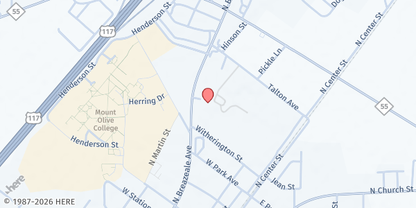 Map showing Make a Difference Food Pantry at 922 N. Breazeale Ave., Mount Olive, NC