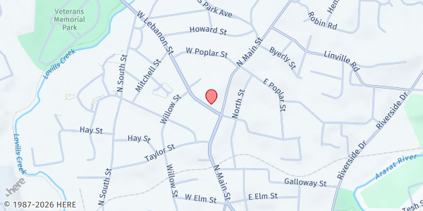 Map showing Helping Hands Foundation of Surry at 114 W Lebanon St, Mt. Airy, NC