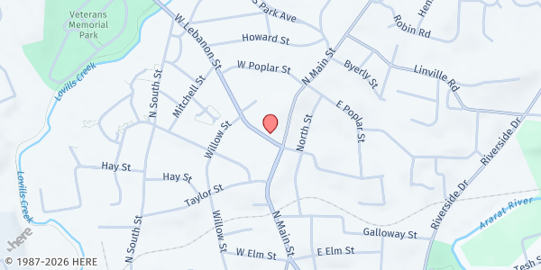 Map showing Helping Hands Foundation of Surry - Mt. Airy Location at 114 W Lebanon St, Mt. Airy, NC