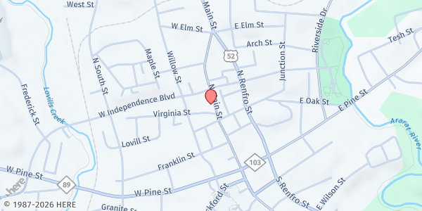 Map showing Trinity Episcopal Church Food Pantry at 427 N Main St, Mt. Airy, NC