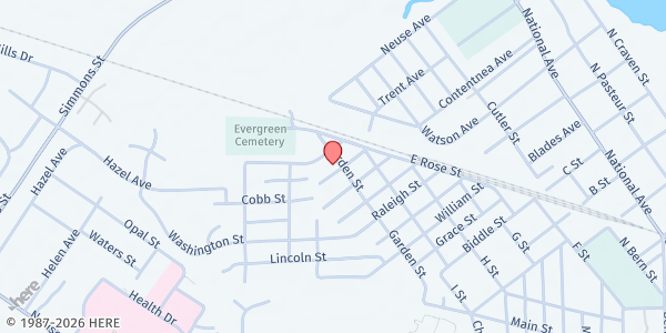 Map showing Abundant Life Miracle Center at 1901 Garden St., New Bern, NC