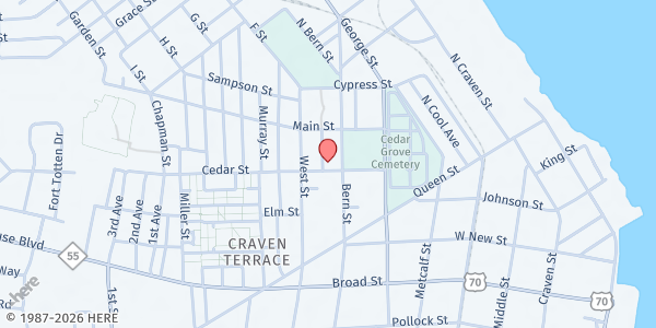 Map showing Area Day Reporting Program For Jasper Hayes Omega Center at 800 Cedar St., New Bern, NC